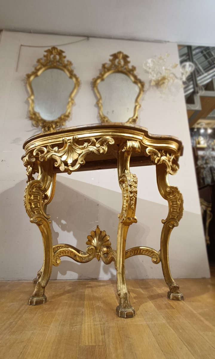 CONSOLE EN BOIS DORE STYLE LOUIS XV MILIEU DU 18ème SIECLE-photo-5