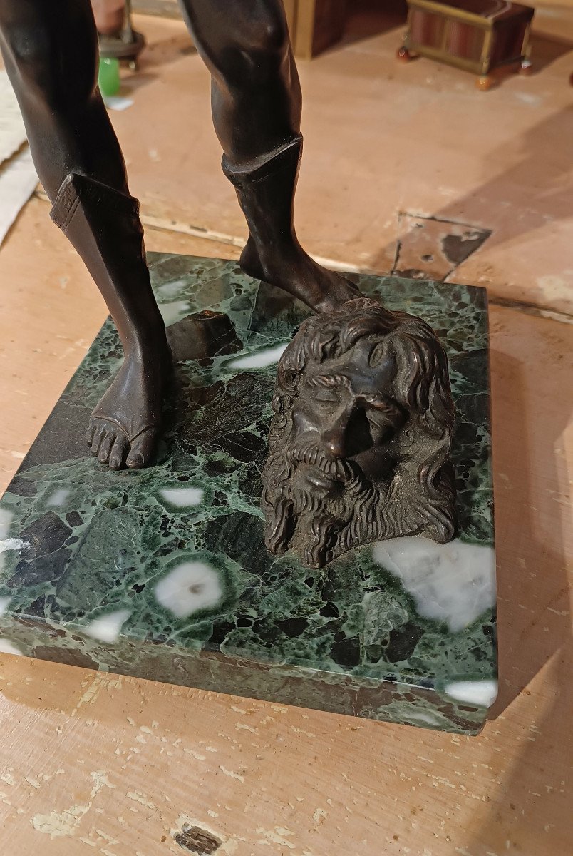 End Of The 19th Century Bronze Sculpture David And Goliath With Marble Base-photo-5