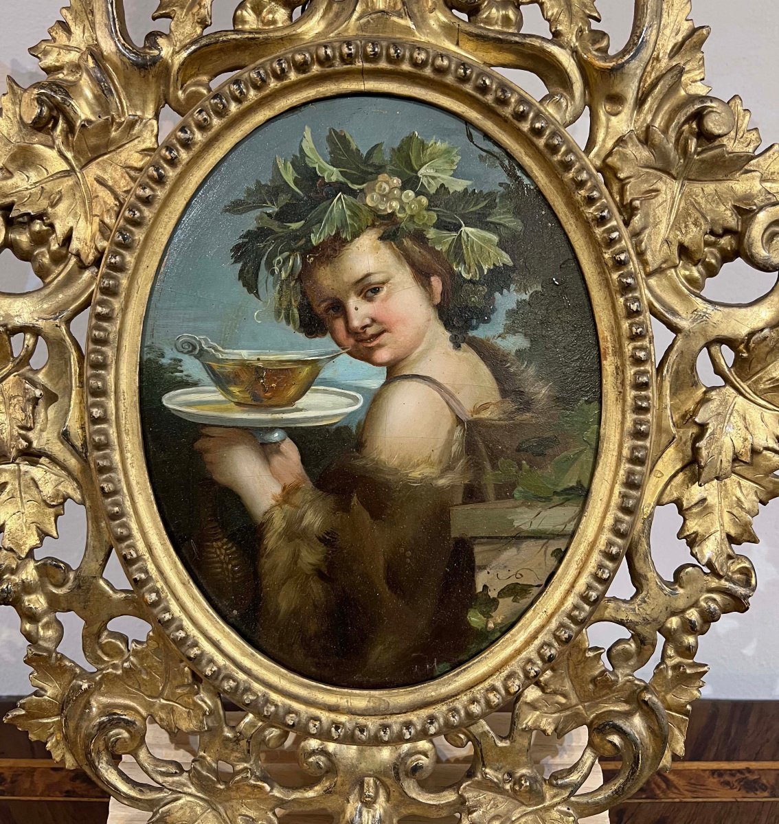 Mid-19th Century Oval Painting Of Bacchus-photo-3