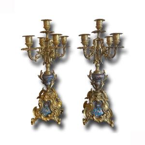 19th Century Pair Of Candlesticks With Glassonnè Inserts