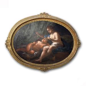 TABLEAU OVALE VÉNUS ET CUPIDON DÉBUT 18ème SIÈCLE