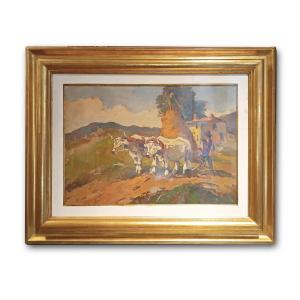 20th Century Carlo Domenici's Rural Scene With Oxen And Plow