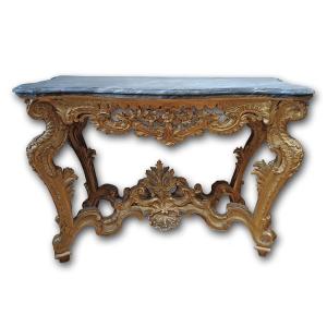 18th Century Louis XV Consolle In Golden Wood And Bardiglio Marble