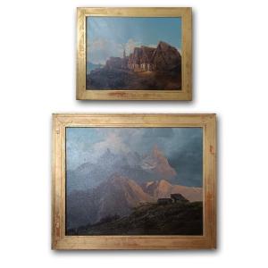 End Of The 18th - Early 19th Century Pair Of Mountain Landscape Paintings 