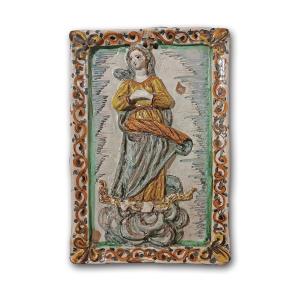 PLAQUE EN MAJOLICA DE MONTELUPO À LA VIERGE FIN DU 17ème SIÈCLE