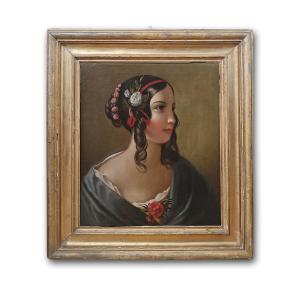 Mid-19th Century Portrait Oil On Canvas Of A Young Girl 