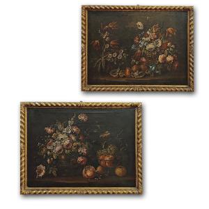 Late 17th Century Pair Of Paintings With Flowers And Fruit