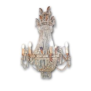 Early 19th Century Basket Chandelier In Crystals And Gilded Iron