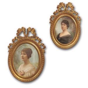 Late 19th Century Pair Of Oval Pastel Paintings