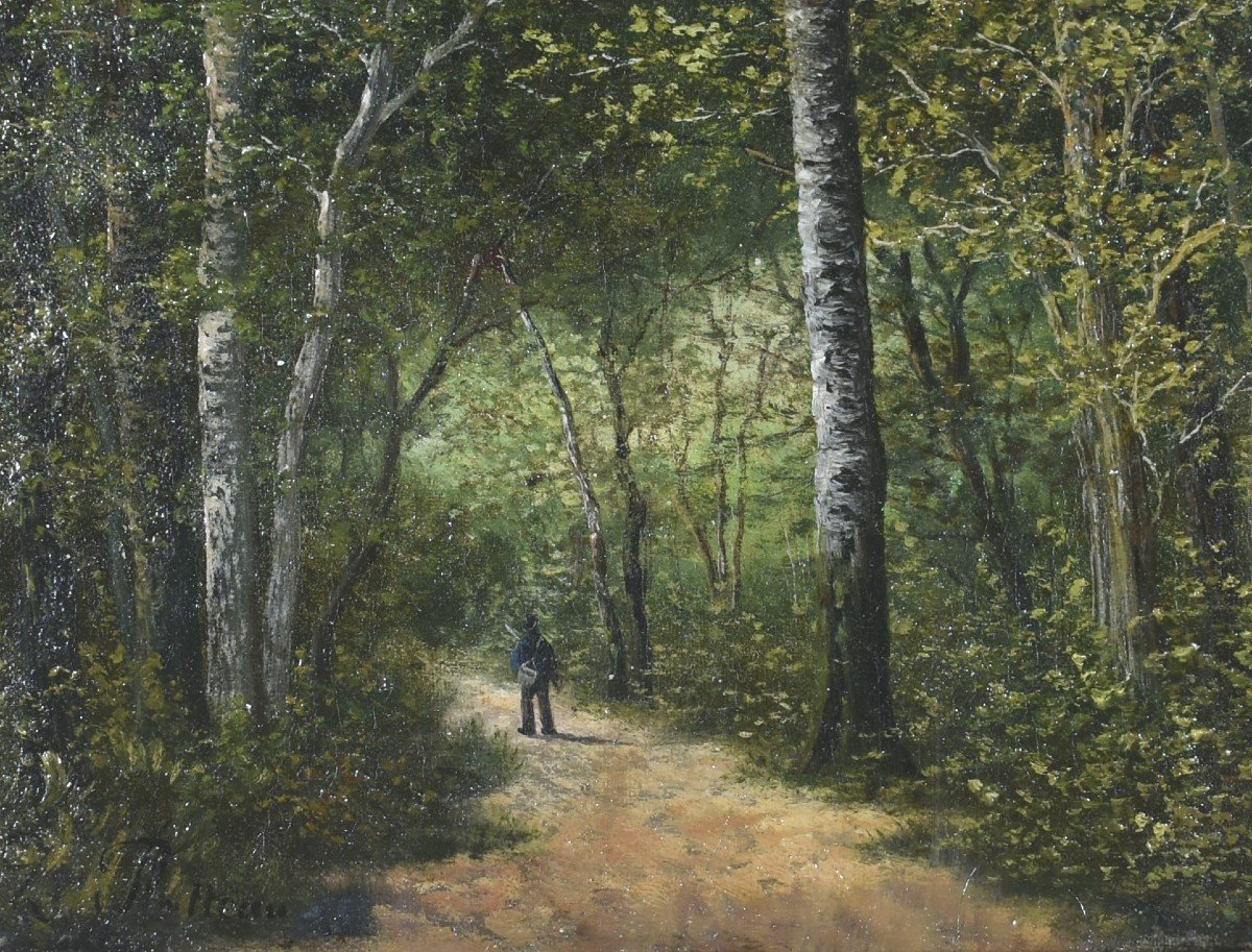 PLATTEAU, Zellie (XIXe Siècle) - Sous-bois animé d'un chasseur-photo-2