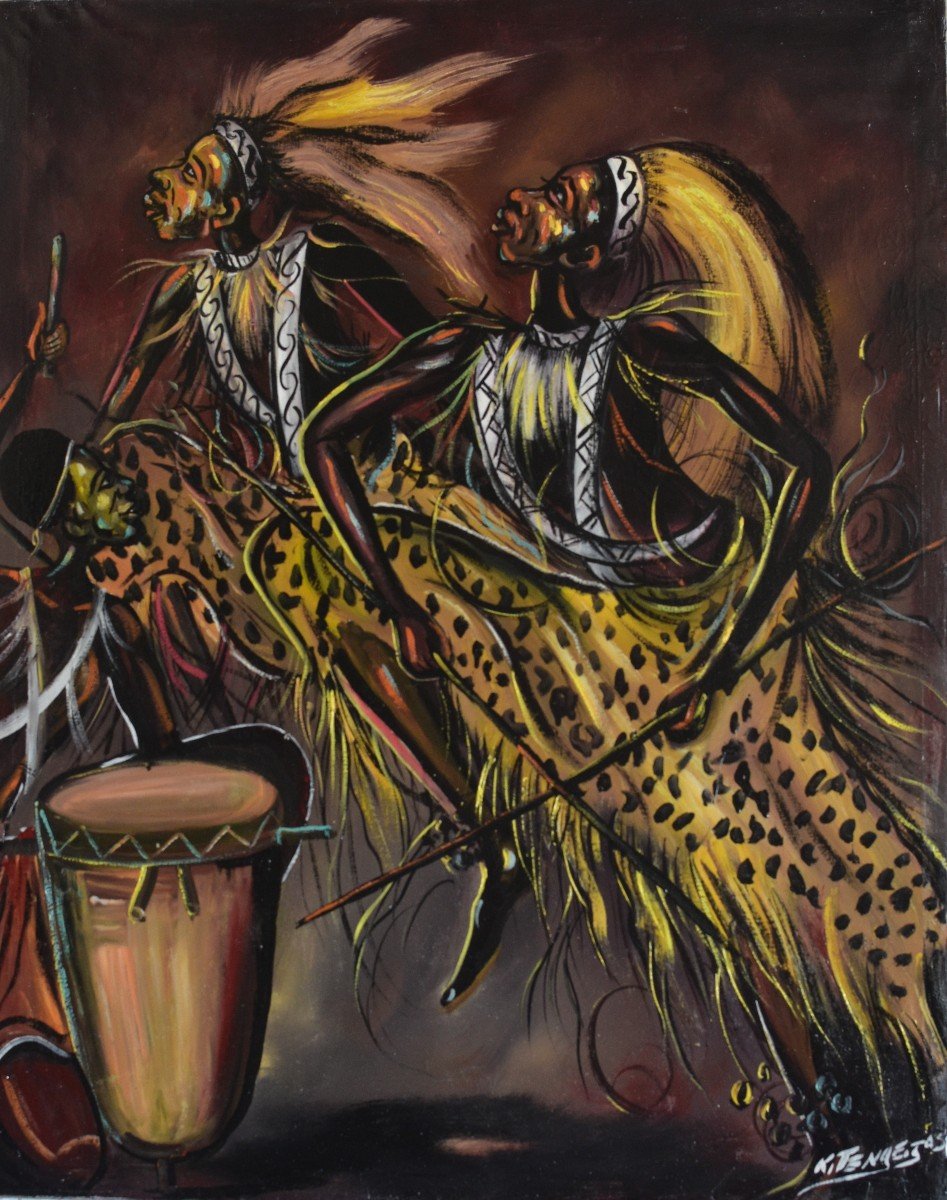 Kitenge Joseph - Congolese Artist - Oil On Canvas - Traditional Dance Scene