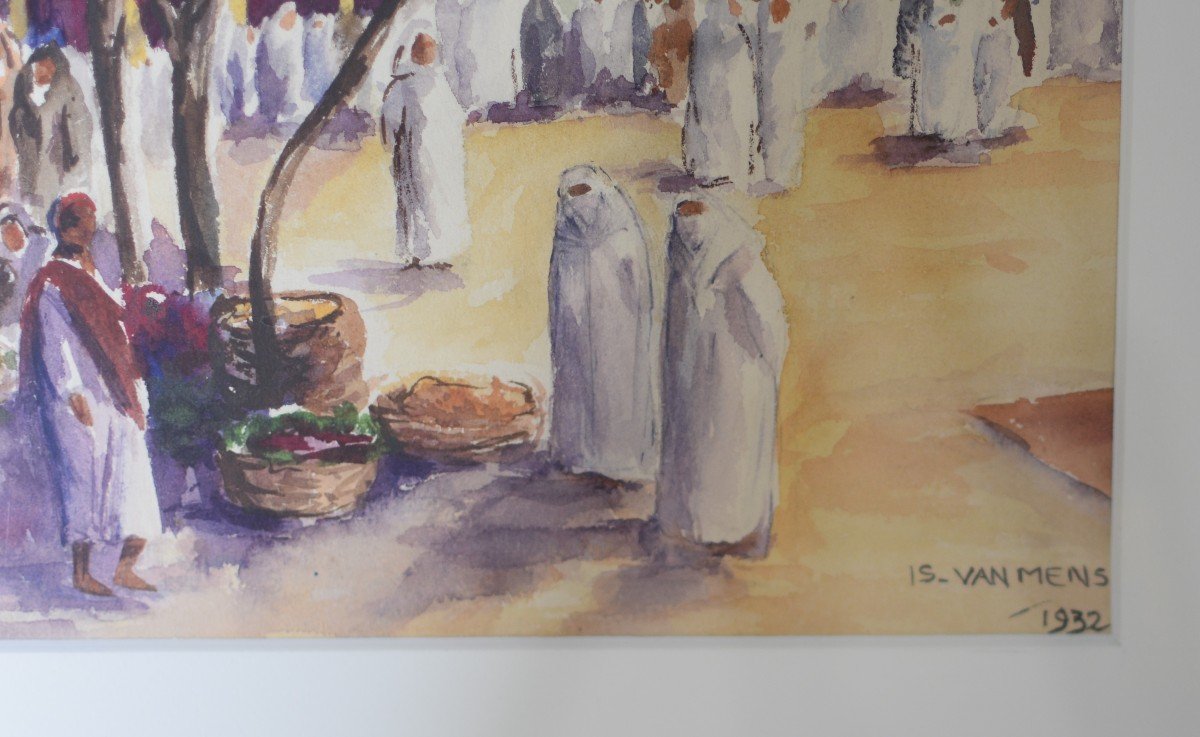 Van Mens Isidore (1890-1895) - Orientalist Watercolor, Market Scene - Signed And Dated 1932-photo-4