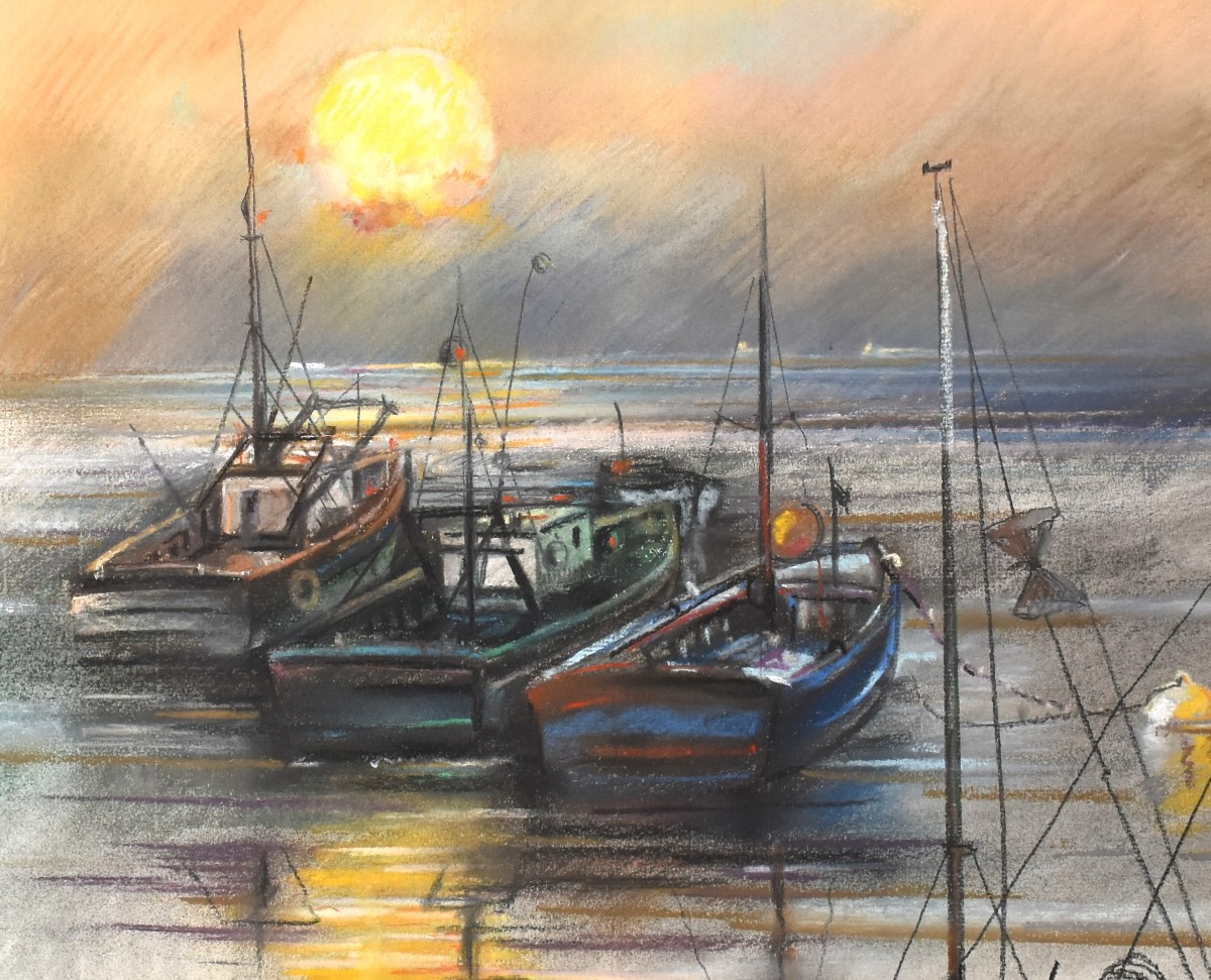 Georges Libotte (20th Century) – Port Scene At Sunset – Pastel, Signed And Dated 1992-photo-4