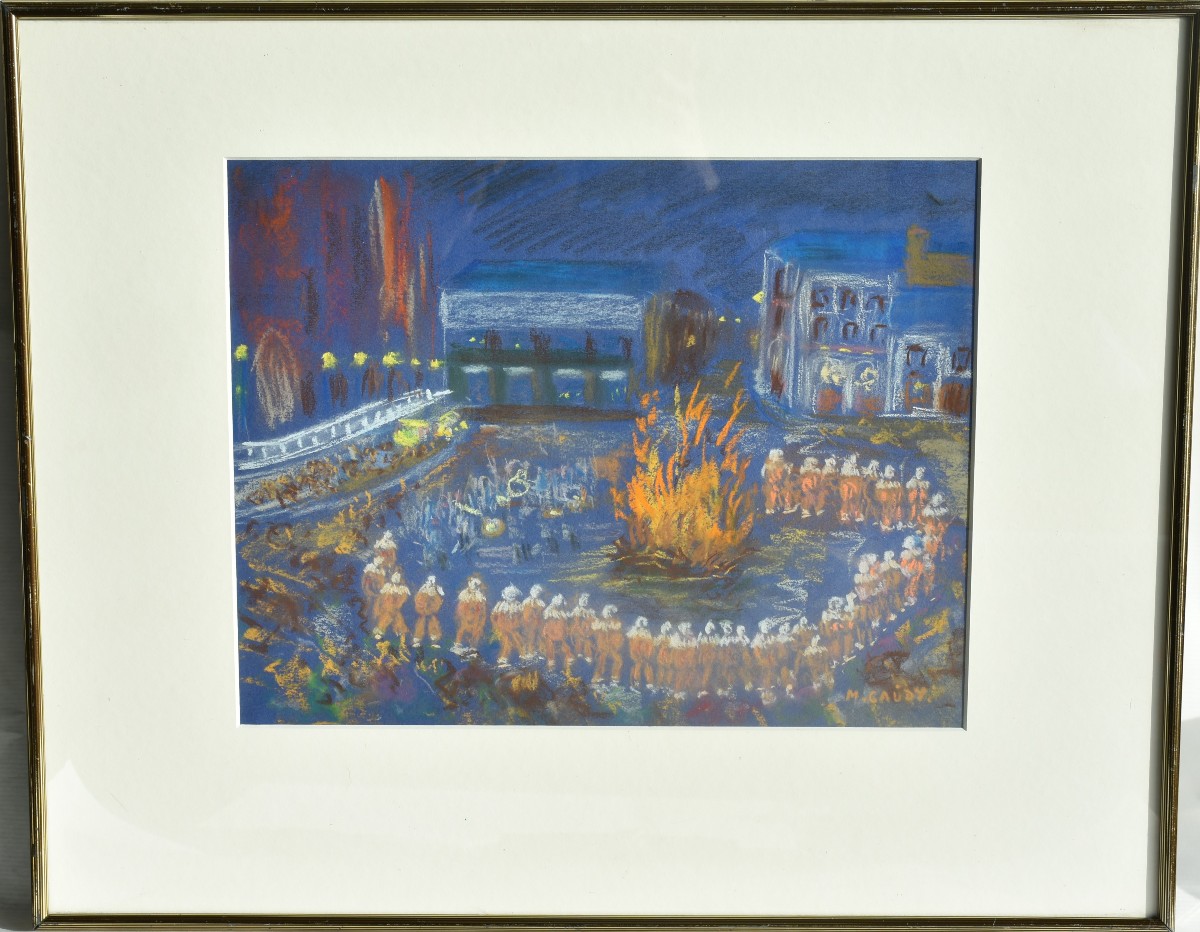 Michel Gaudy (1925) – Artiste belge - Pastel original signé – Scène nocturne au feu-photo-2