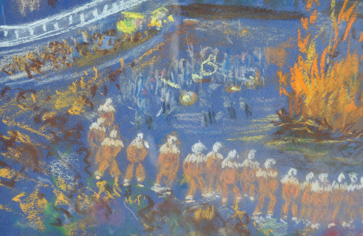 Michel Gaudy (1925) – Artiste belge - Pastel original signé – Scène nocturne au feu-photo-3
