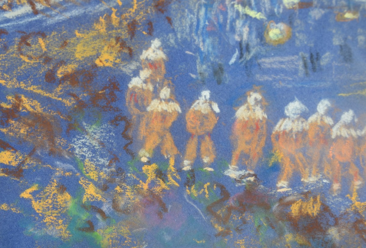 Michel Gaudy (1925) – Artiste belge - Pastel original signé – Scène nocturne au feu-photo-1