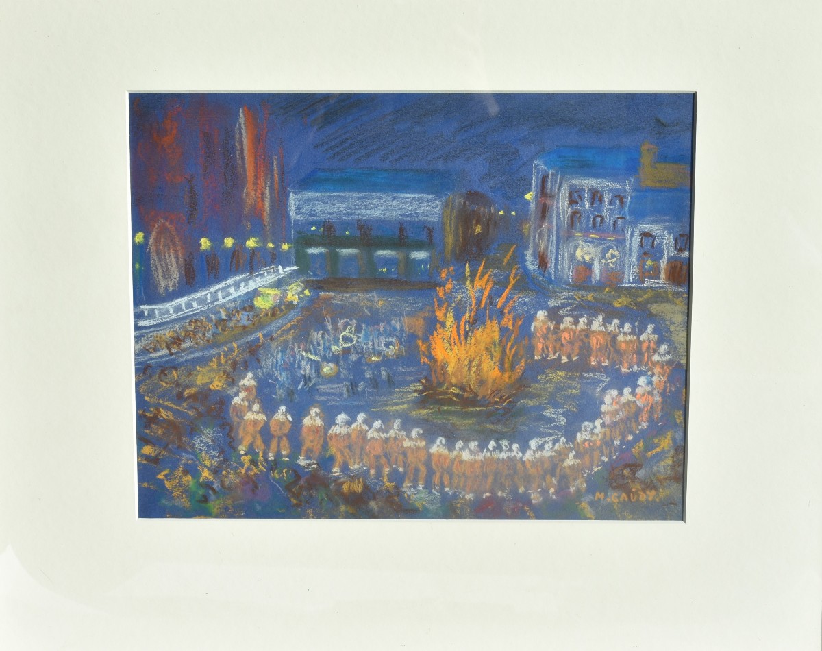Michel Gaudy (1925) – Artiste belge - Pastel original signé – Scène nocturne au feu