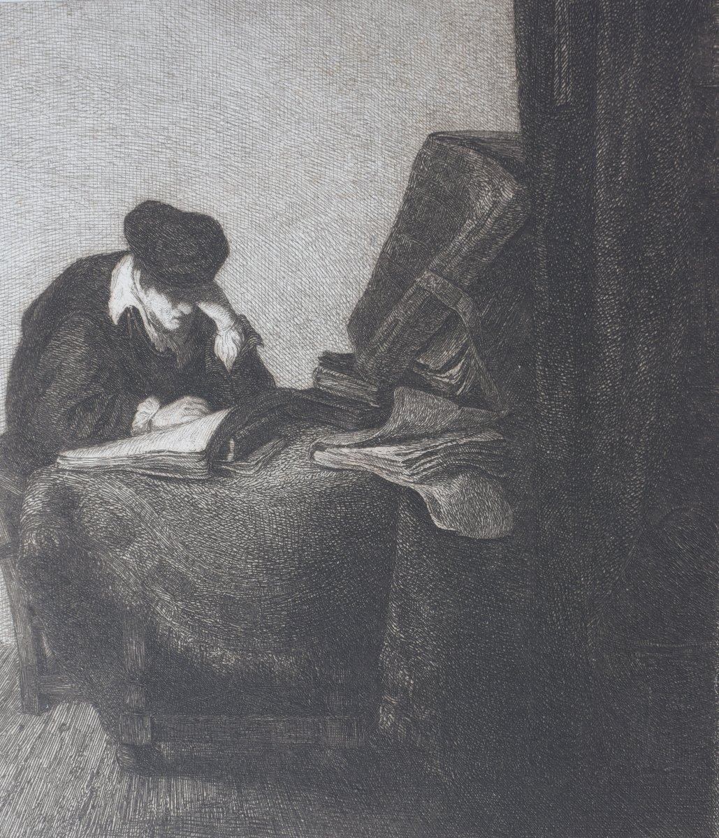 Wilhelm Unger (1837-1932) d'après Rembrandt – Le lecteur (Titus lisant) – Eau-forte-photo-3