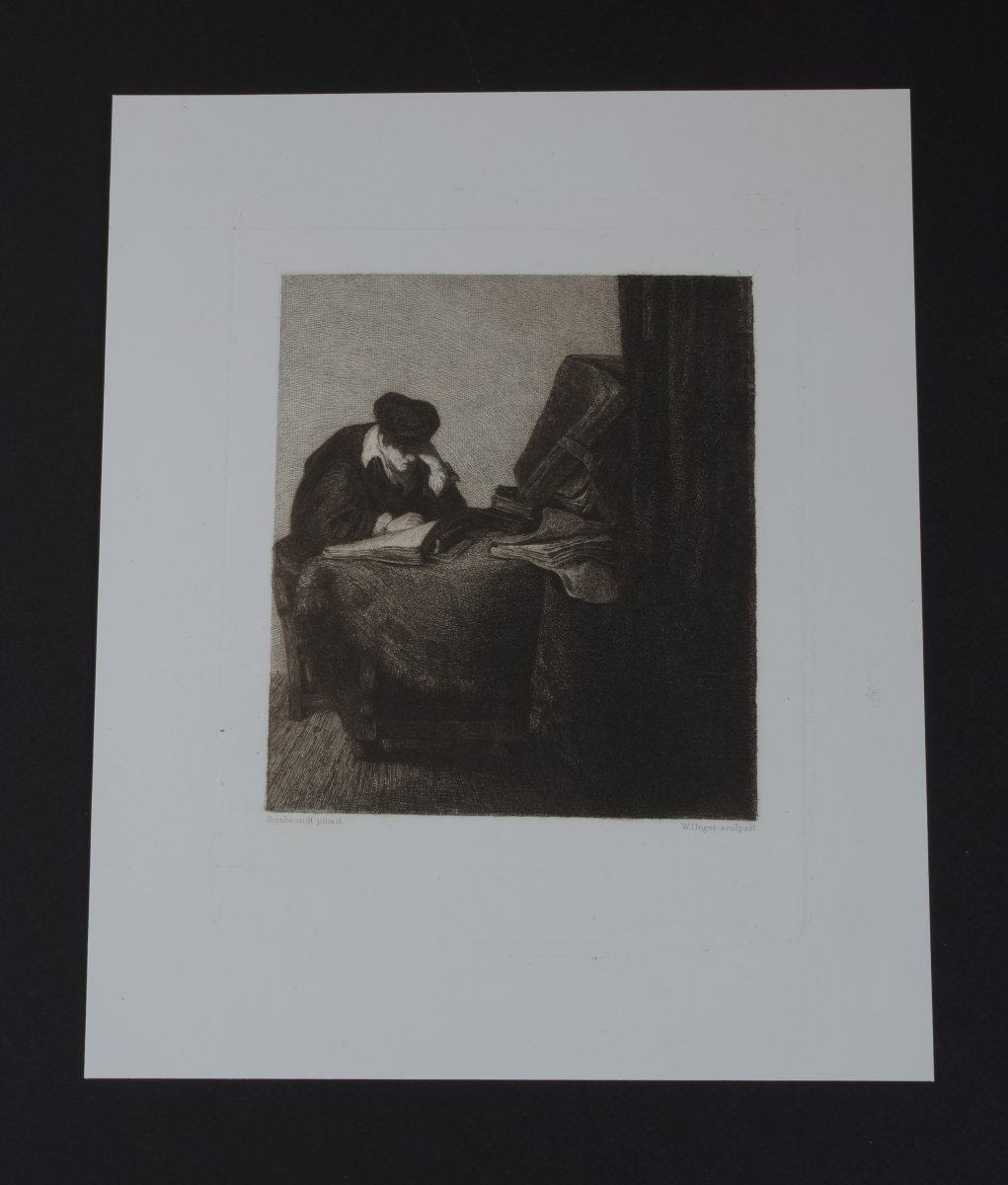 Wilhelm Unger (1837-1932) d'après Rembrandt – Le lecteur (Titus lisant) – Eau-forte