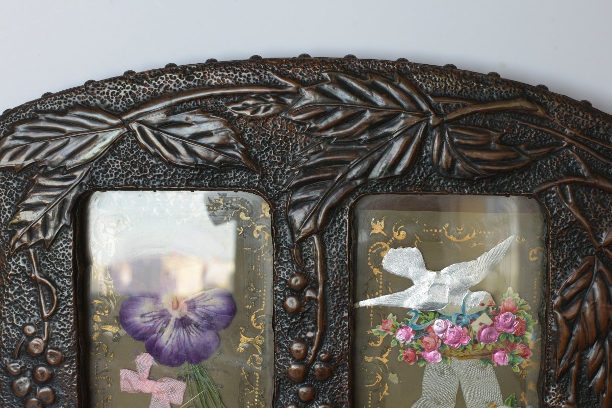 Cadre double porte-photographies Art Nouveau en métal repoussé, vers 1900-photo-2