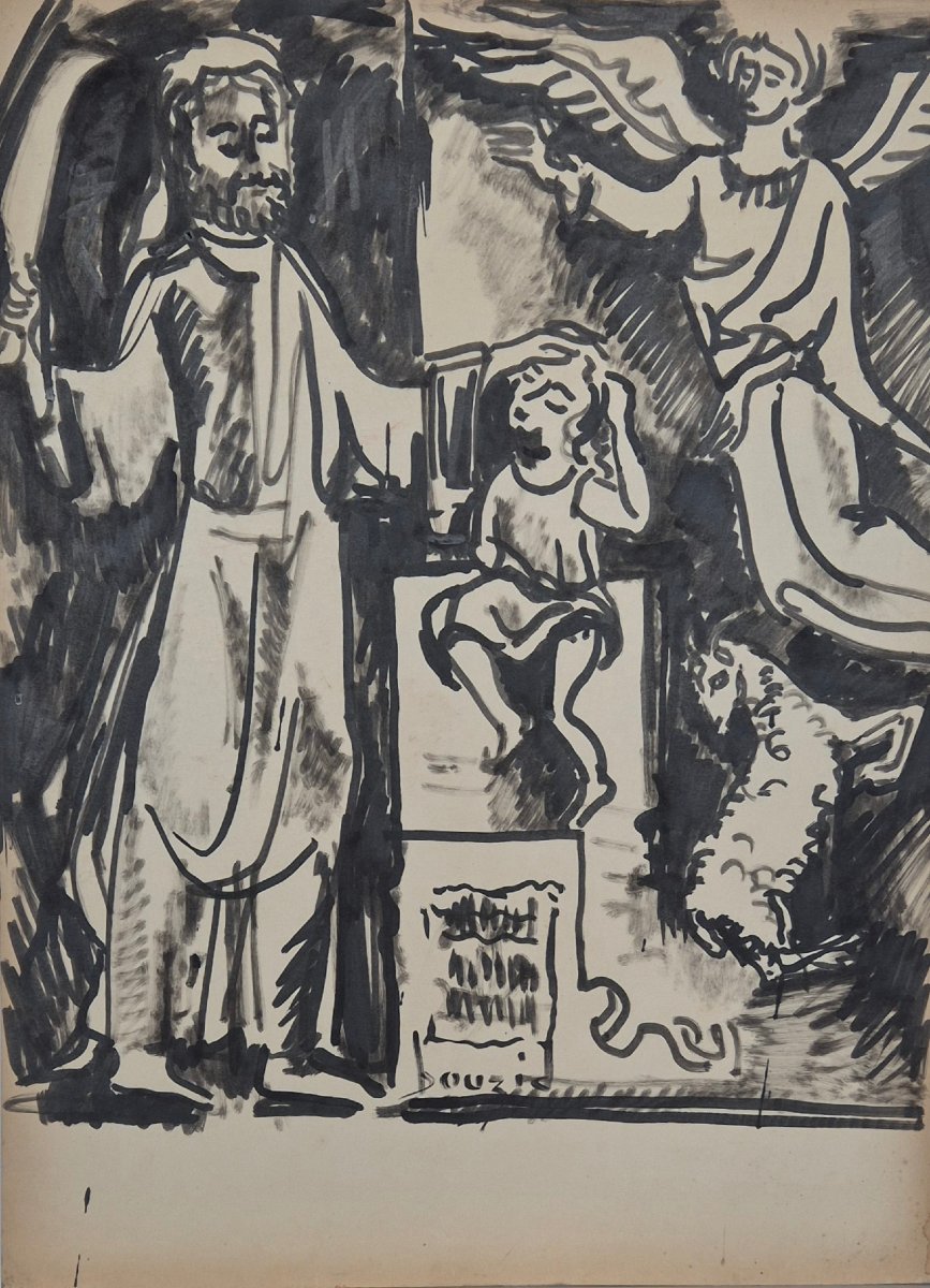 Mohamed Bouzid (1929-2014) – Grande encre signée – Scène biblique – Vers 1960-photo-2