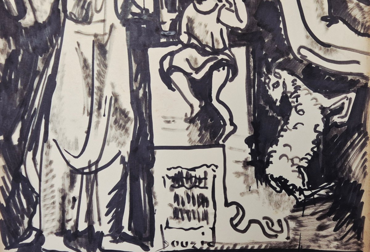 Mohamed Bouzid (1929-2014) – Grande encre signée – Scène biblique – Vers 1960-photo-3