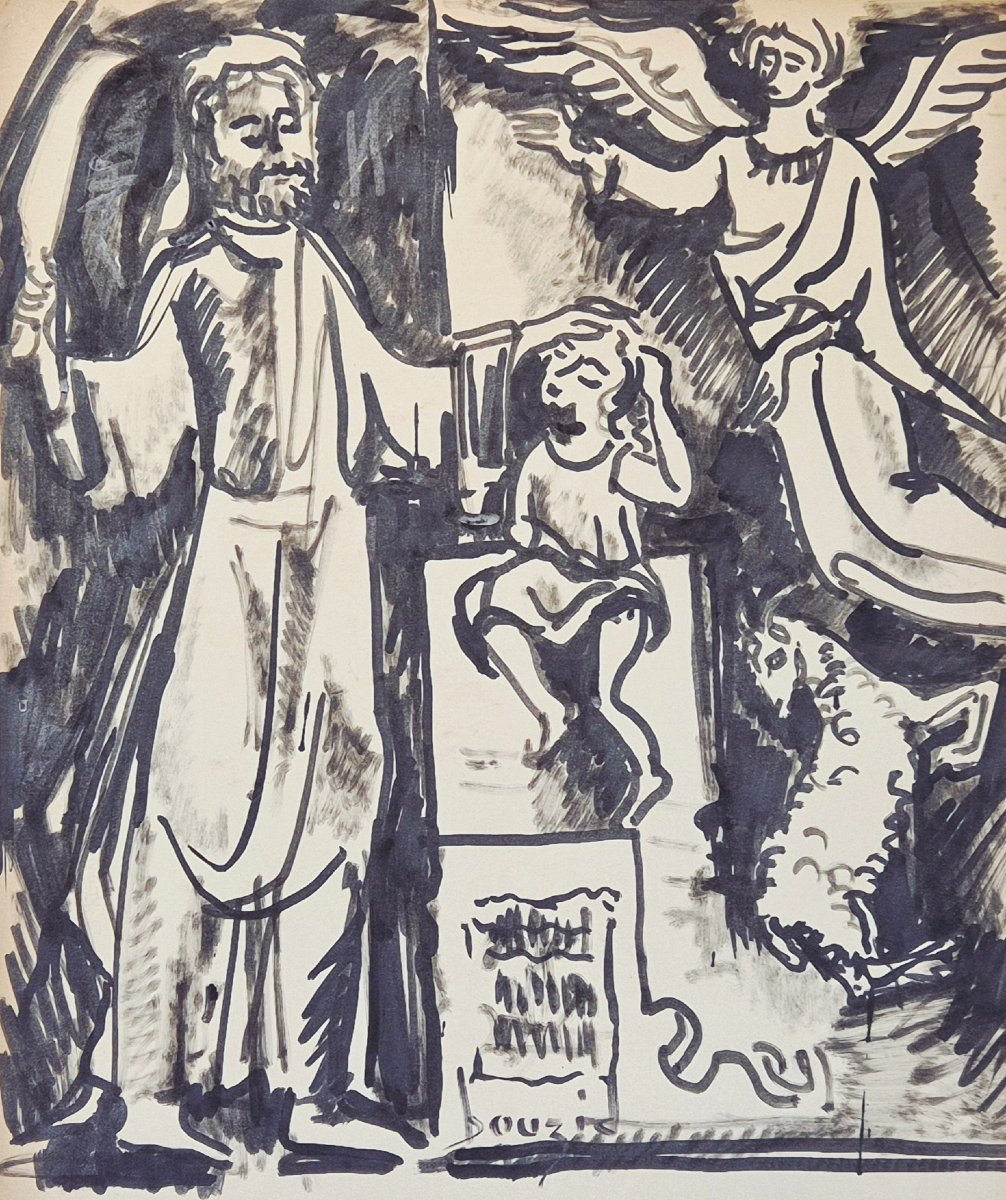 Mohamed Bouzid (1929-2014) – Grande encre signée – Scène biblique – Vers 1960