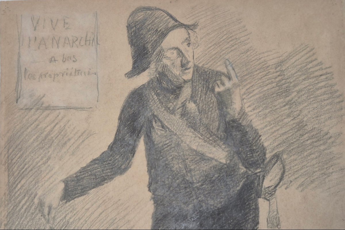 Anarchist Drawing Dated 1893 – “long Live Anarchy, Down Property Owners!” 19th Century Charcoal-photo-3