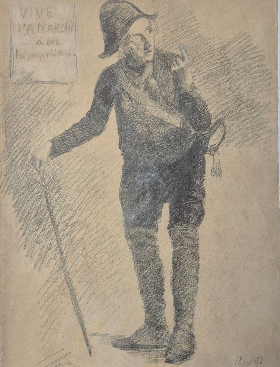 Anarchist Drawing Dated 1893 – “long Live Anarchy, Down Property Owners!” 19th Century Charcoal
