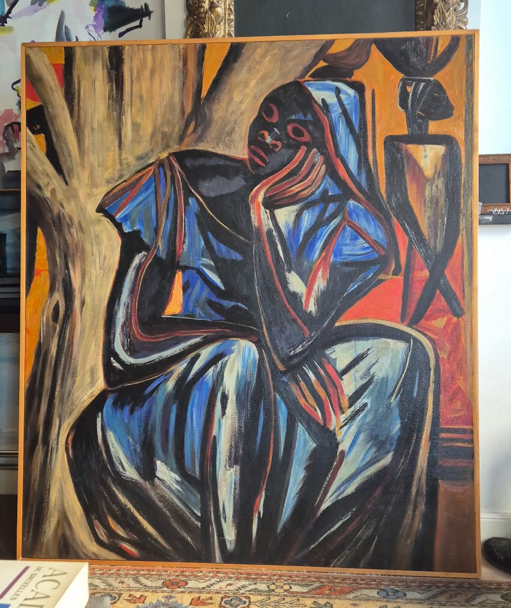 Grande huile sur toile moderniste – Femme pensive – Belgique XXe – 150 x 130 cm-photo-2