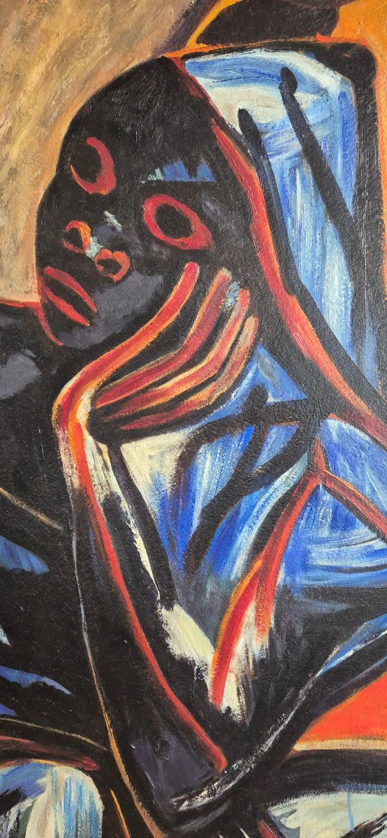 Grande huile sur toile moderniste – Femme pensive – Belgique XXe – 150 x 130 cm-photo-3