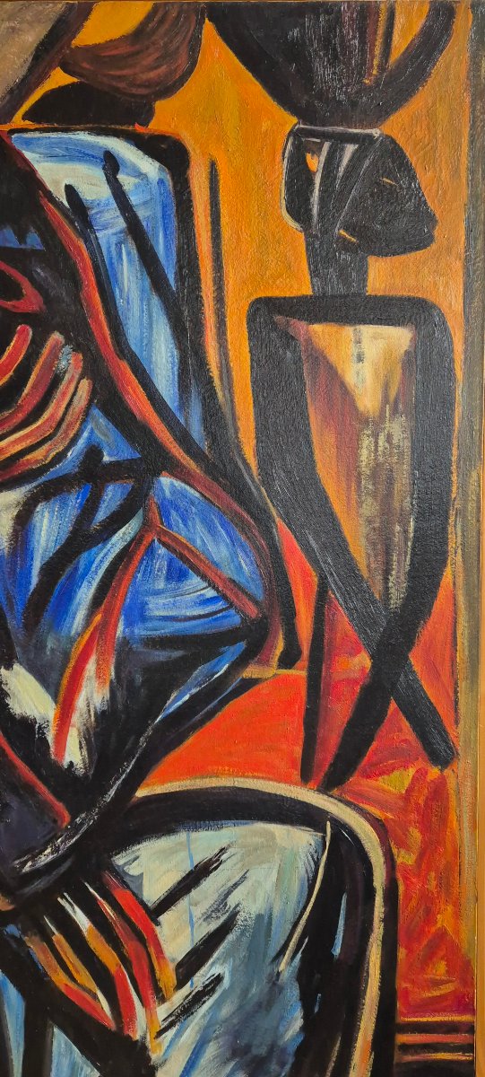 Grande huile sur toile moderniste – Femme pensive – Belgique XXe – 150 x 130 cm-photo-4