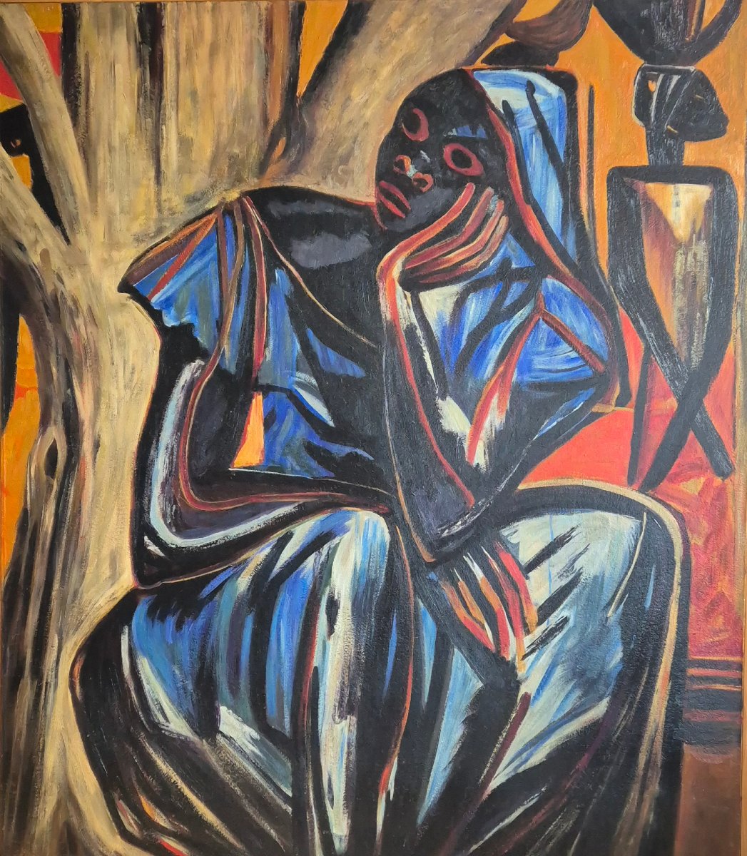 Grande huile sur toile moderniste – Femme pensive – Belgique XXe – 150 x 130 cm