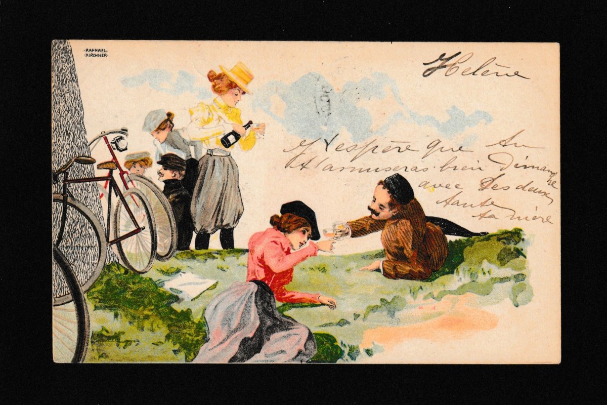Raphaël Kirchner – 4 cartes postales Art nouveau « All Heil », cyclistes, 1900-photo-2