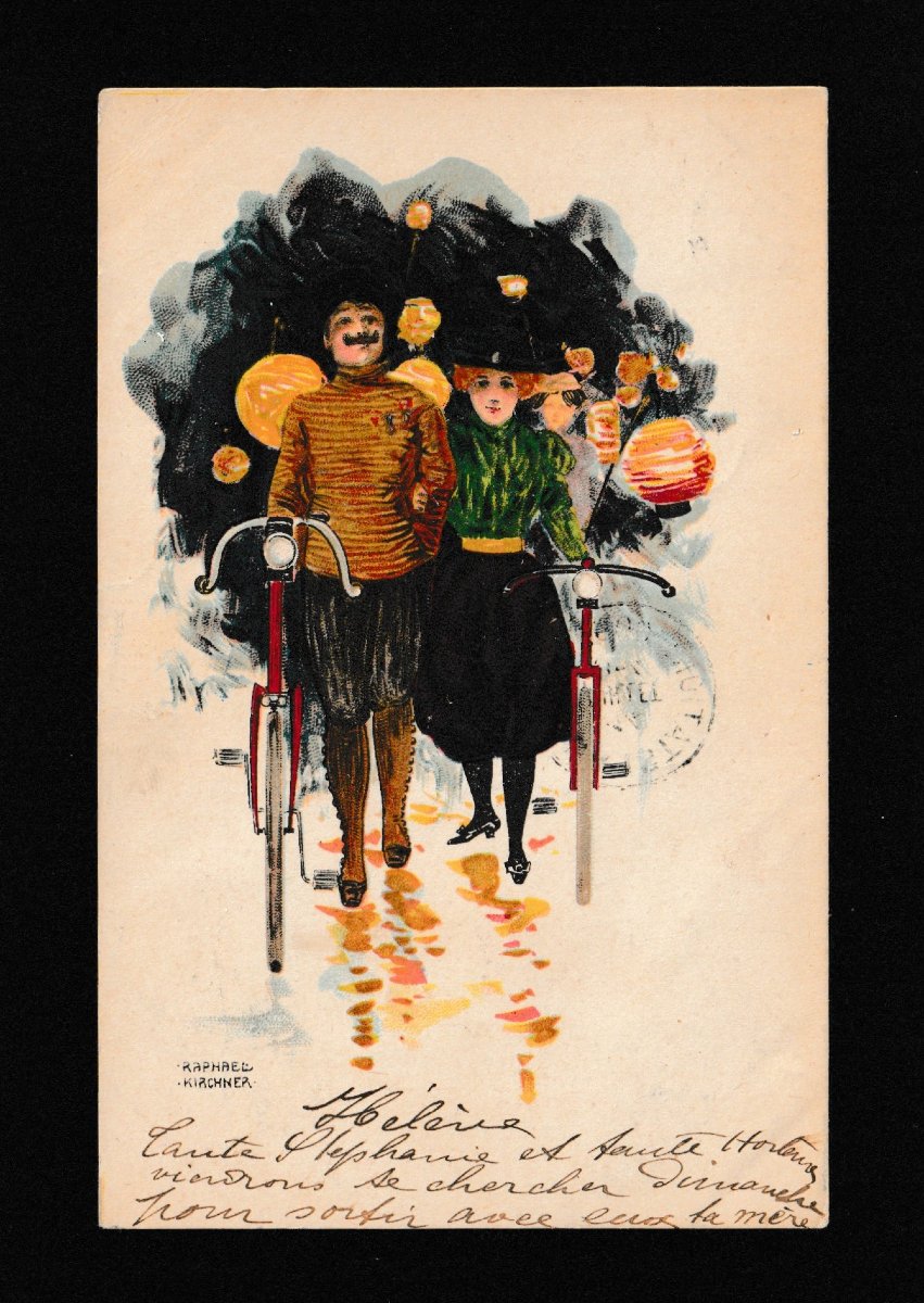 Raphaël Kirchner – 4 cartes postales Art nouveau « All Heil », cyclistes, 1900-photo-4