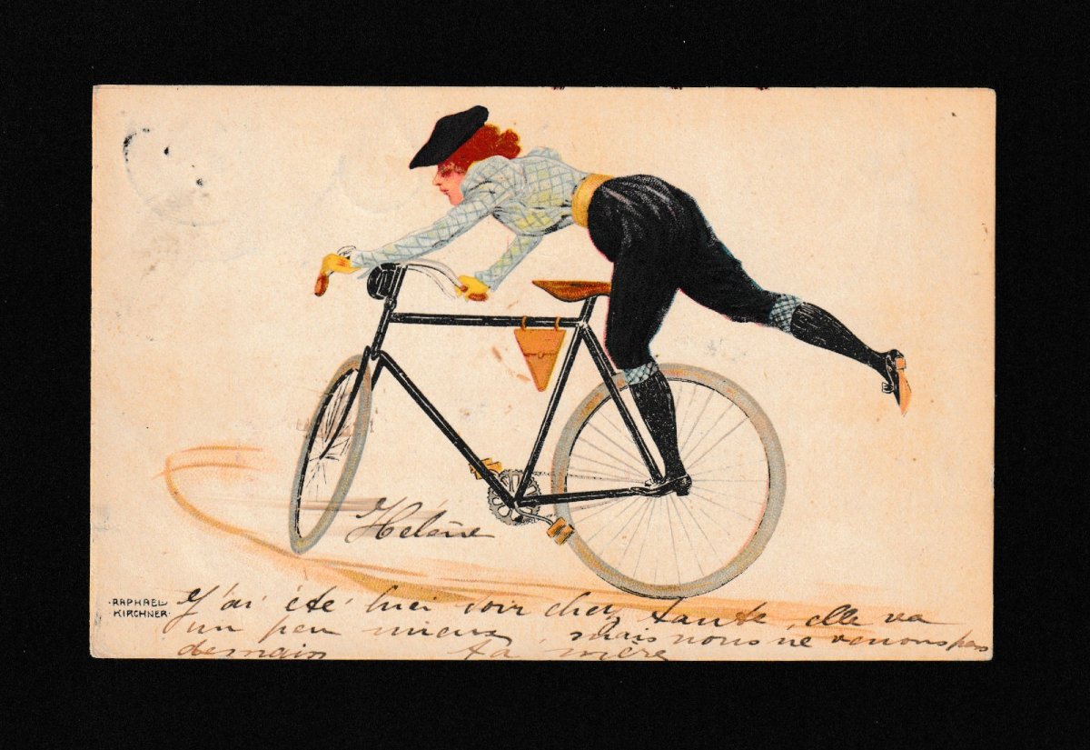 Raphaël Kirchner – 4 cartes postales Art nouveau « All Heil », cyclistes, 1900