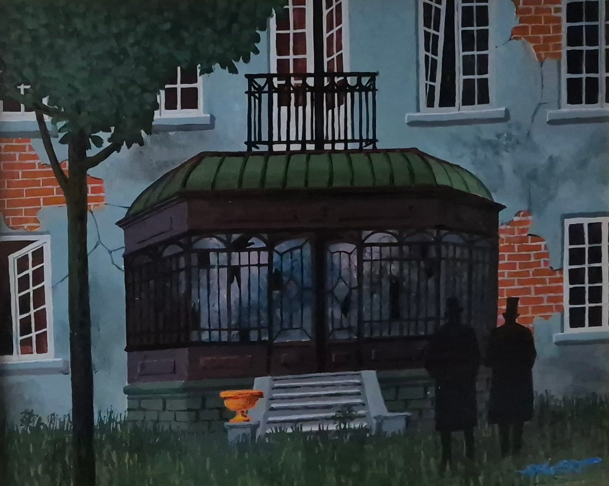 Gaston Bogaert (1918–2008) – Fantastic Composition With Two Figures – Oil On Panel-photo-4