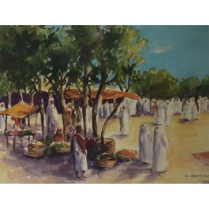 Van Mens Isidore (1890-1895) - Orientalist Watercolor, Market Scene - Signed And Dated 1932