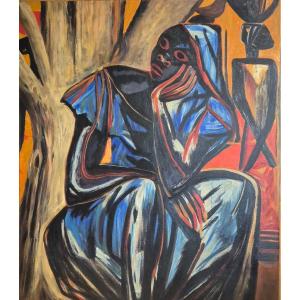 Grande huile sur toile moderniste – Femme pensive – Belgique XXe – 150 x 130 cm