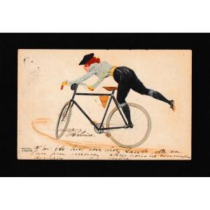 Raphaël Kirchner – 4 cartes postales Art nouveau « All Heil », cyclistes, 1900