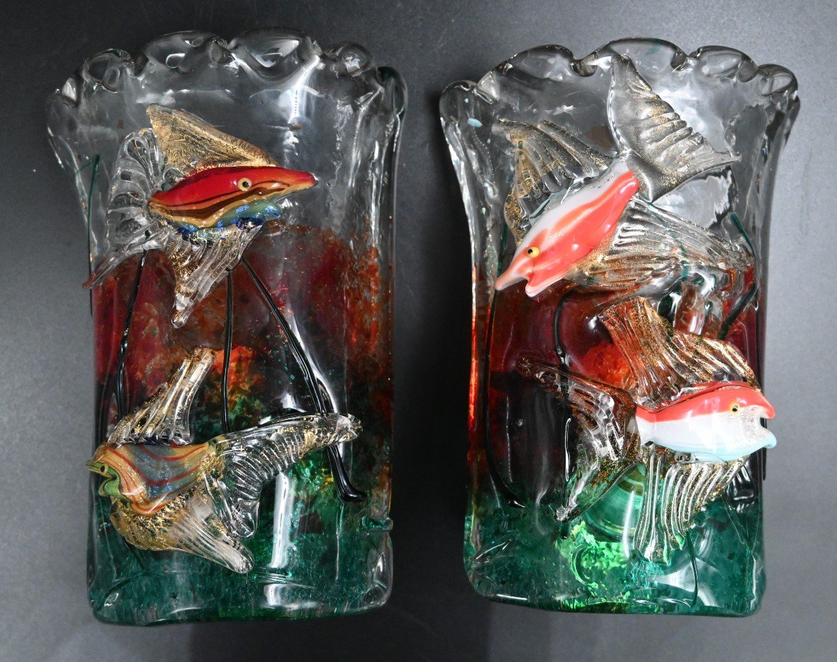 Pair Of Murano Glass Aquarium Fish Sconces By Alfredo Barbini