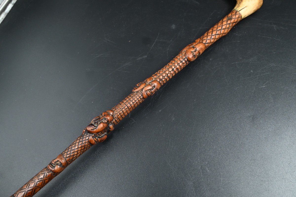 Carved Boxwood Cane With Multiple Faces-photo-5