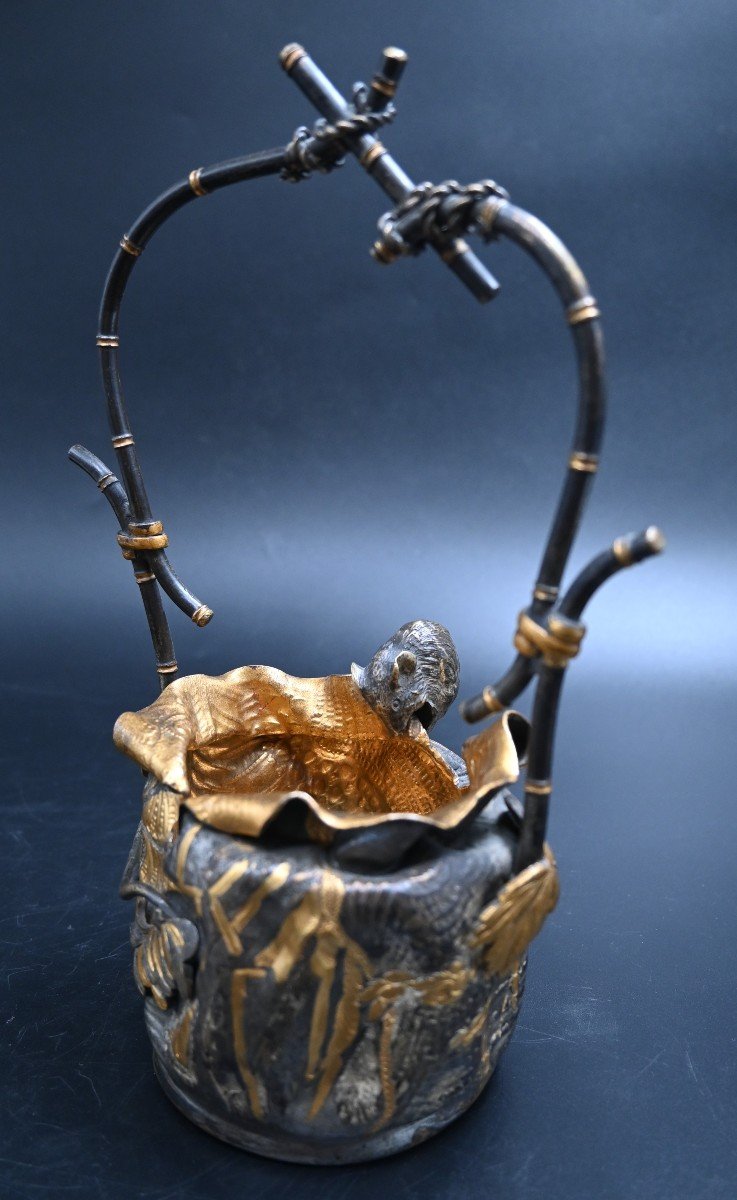 Panier En Bronze Avec Rat, Doré Et Argenté-photo-3