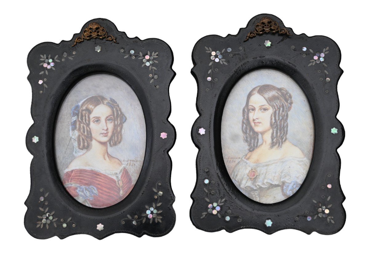 Paire De Miniatures, 1ère Reine De Belgique, Louise d'Orléans, 1830