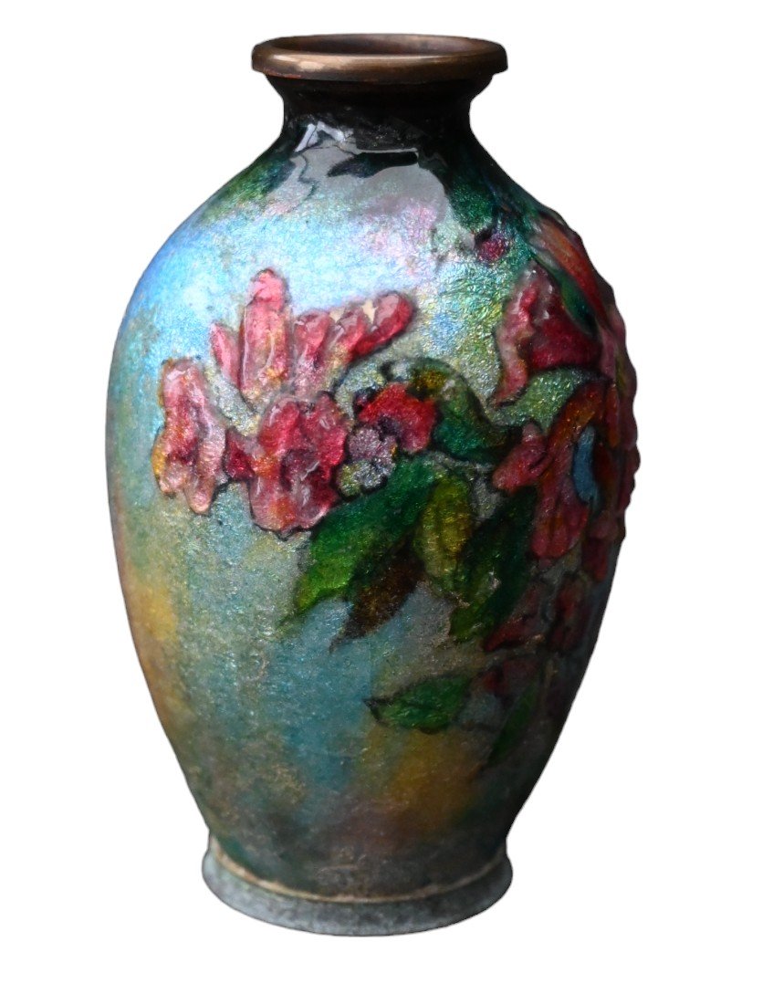 Camille Fauré (1874-1956), Floral Decor Vase In Enamel, Limoges Enamels-photo-2