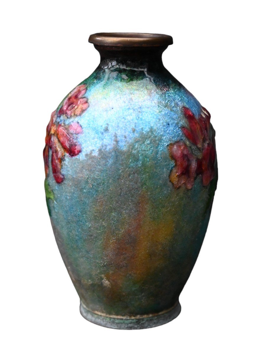 Camille Fauré (1874-1956), Floral Decor Vase In Enamel, Limoges Enamels-photo-3