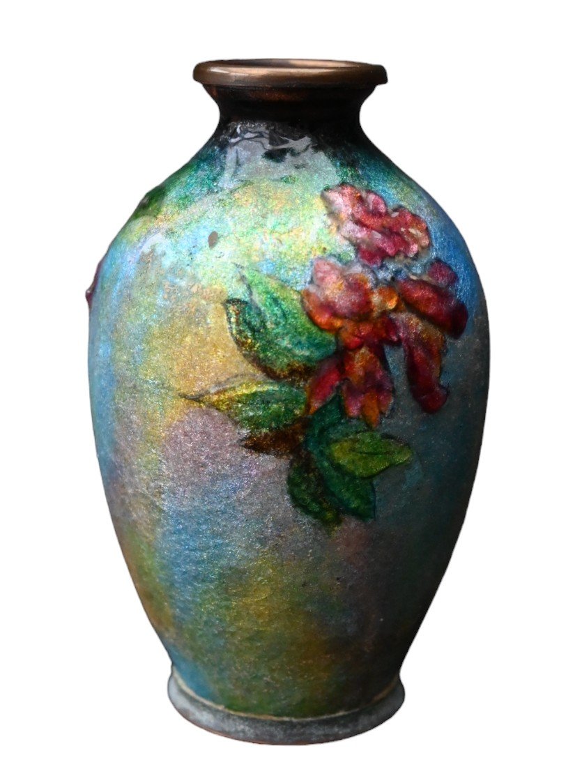 Camille Fauré (1874-1956), Floral Decor Vase In Enamel, Limoges Enamels-photo-4