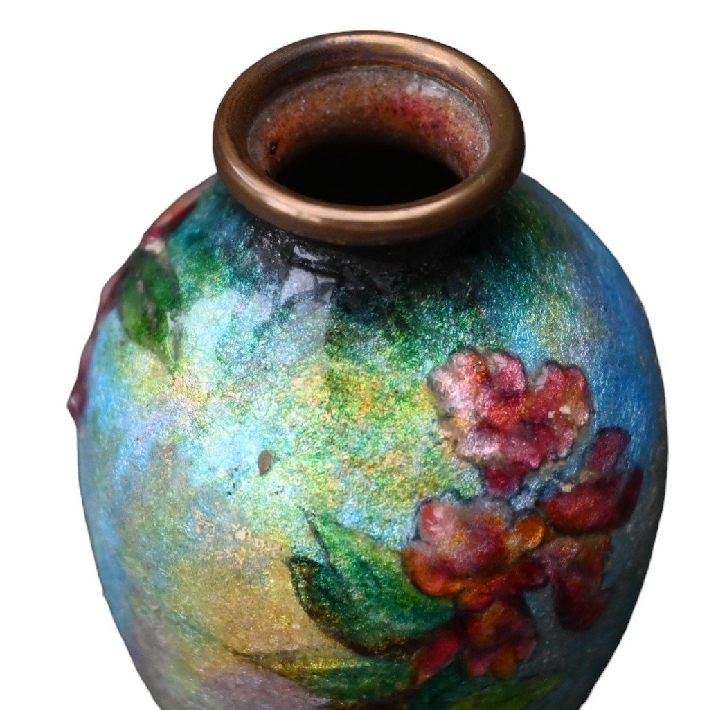 Camille Fauré (1874-1956), Floral Decor Vase In Enamel, Limoges Enamels-photo-1