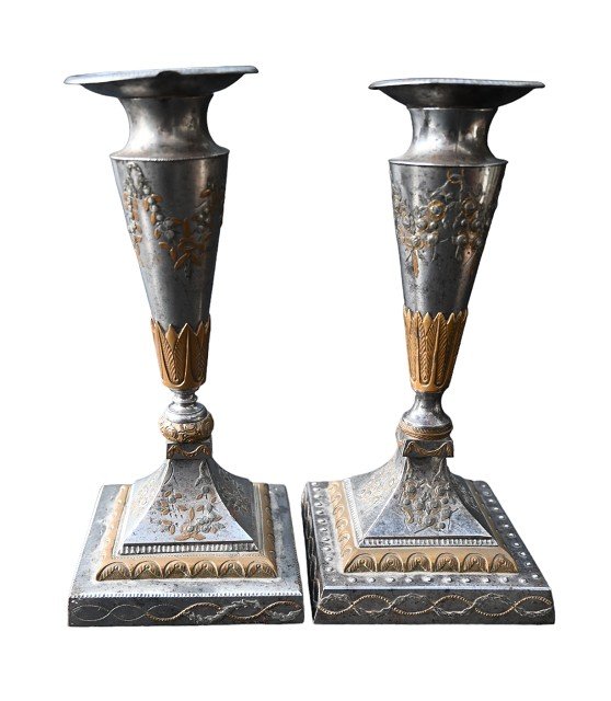 2 Rare Russian Candlesticks In Cut Steel Toula (tula) Ca1780 
