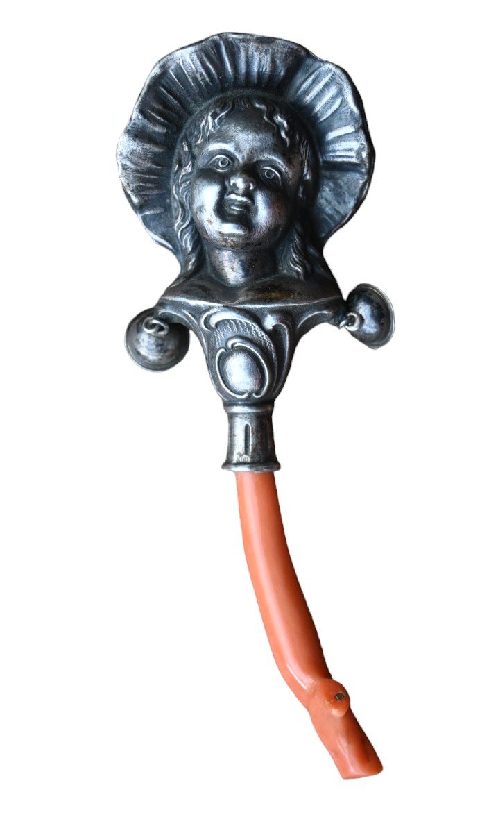 Rattle Period 1900, Sterling Silver & Coral, Baby Toy